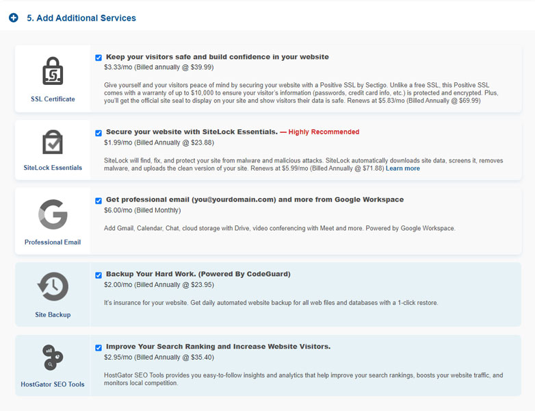 hostgator addons offered