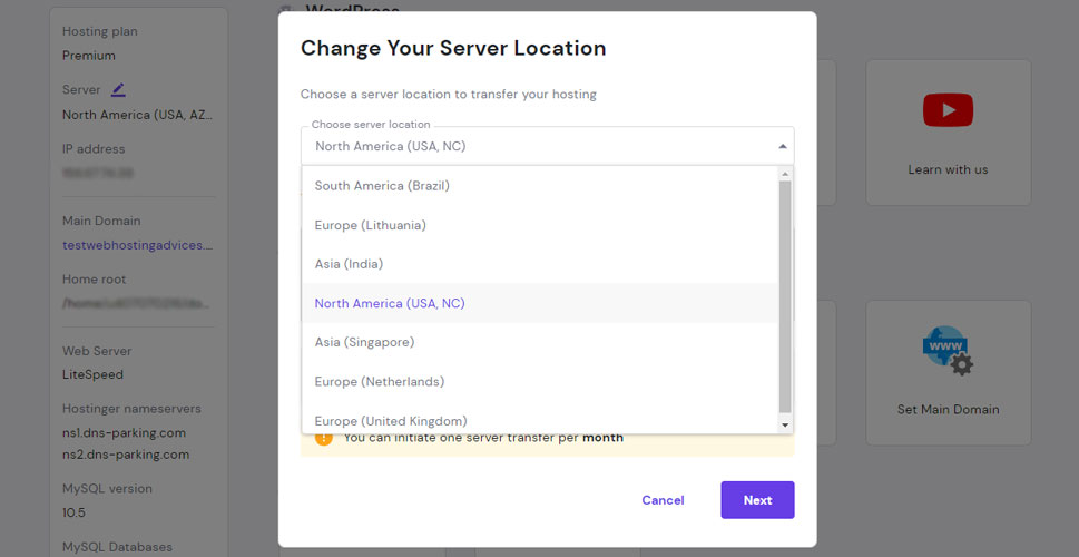 change hostinger server location