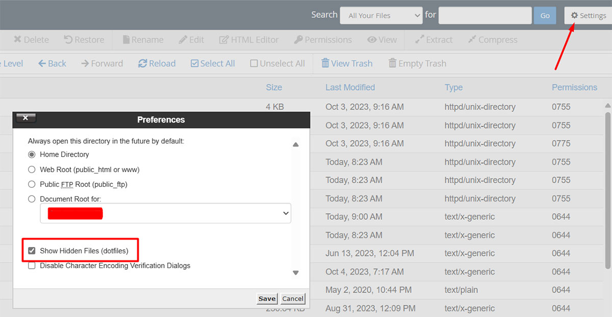 cpanel settings showing hidden files