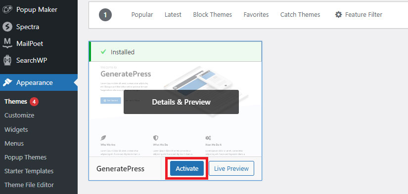 activating generatepress theme