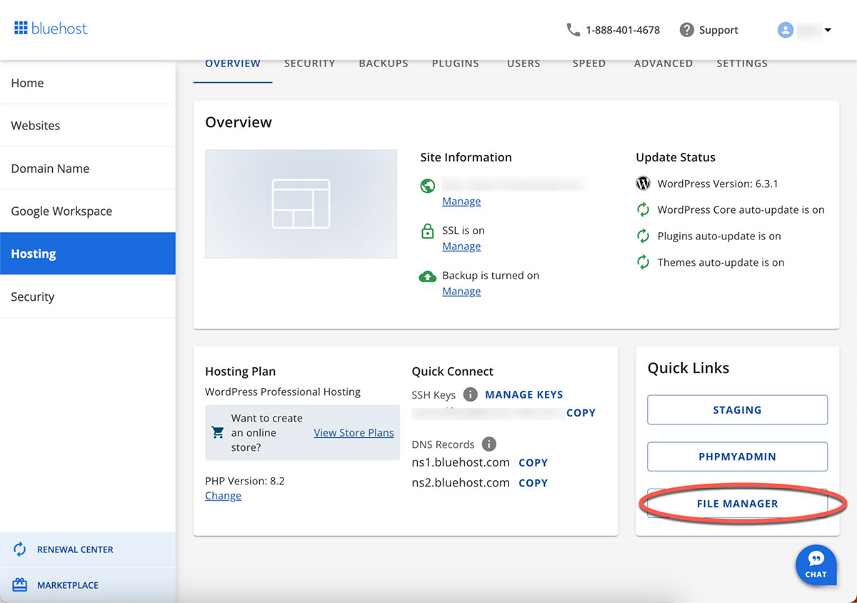 bluehost quick links file manager