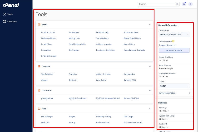 cpanel home and navigation