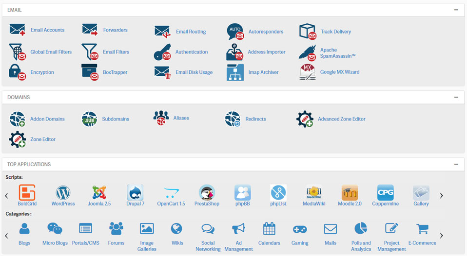 inmotion cpanel main sections