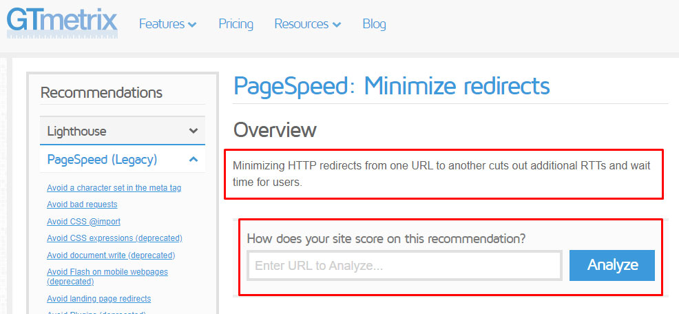 analyze redirects for the site