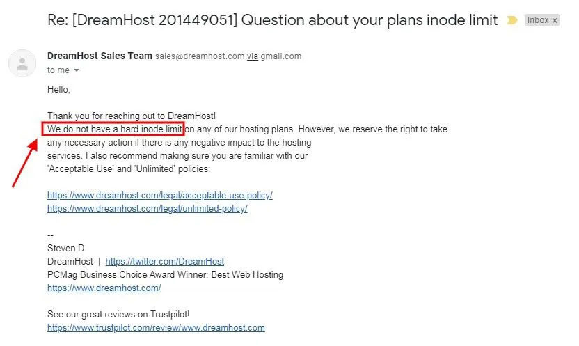 dreamhost response for inode limit