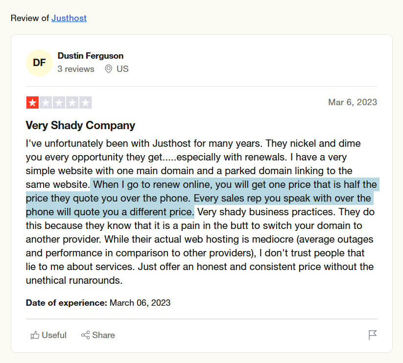 review justhost wrongly quoted price