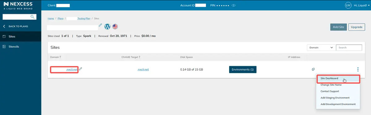 nexcess dashboard
