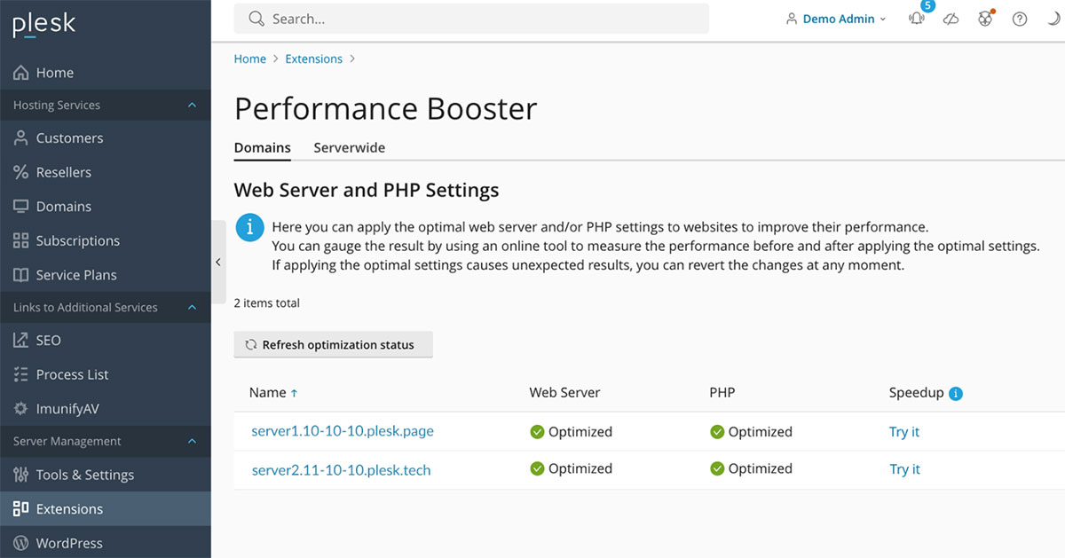 plesk performance booster settings