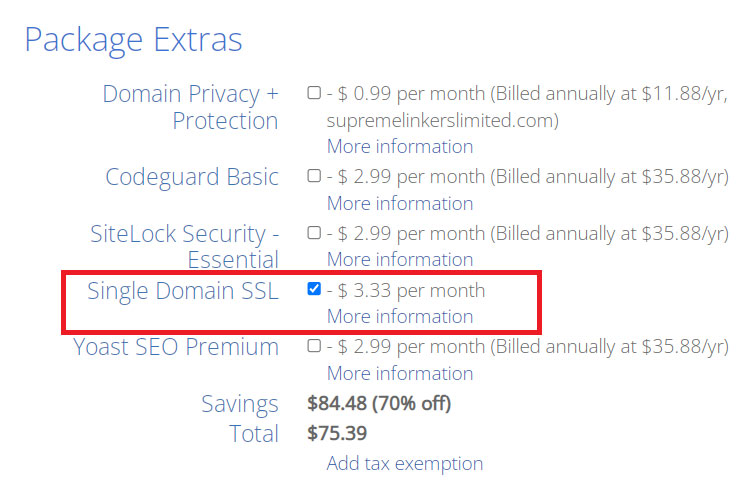 single domain ssl bluehost