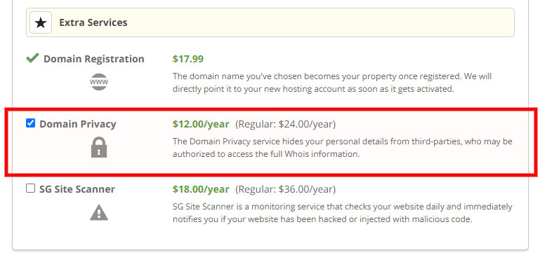 siteground domain privacy add-on in extra services