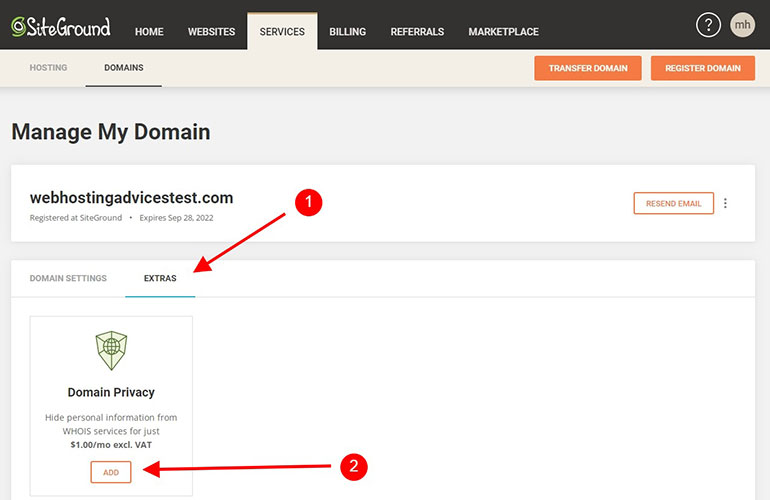 siteground extra services domain name