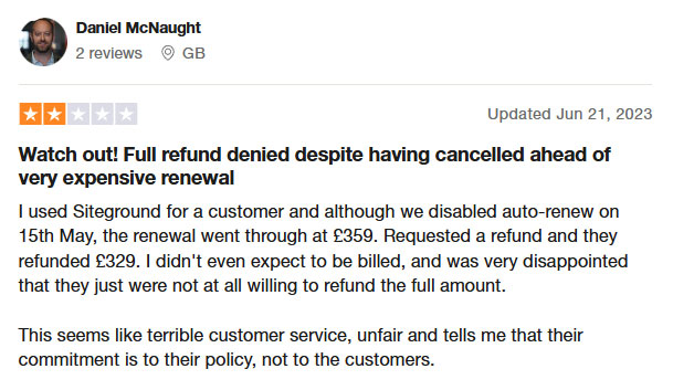 review on siteground refund cancelled