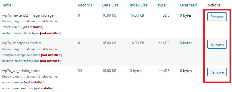 wp optimize deleting old tables of plugins