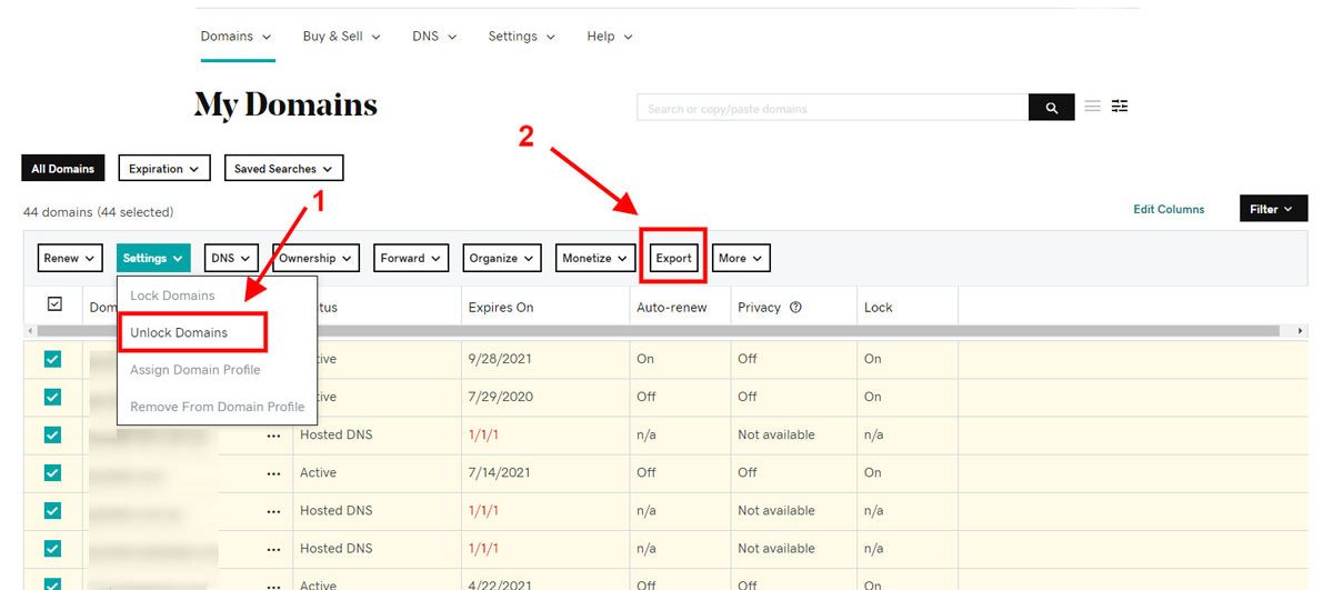 export domains authorization codes bulk transfer godaddy