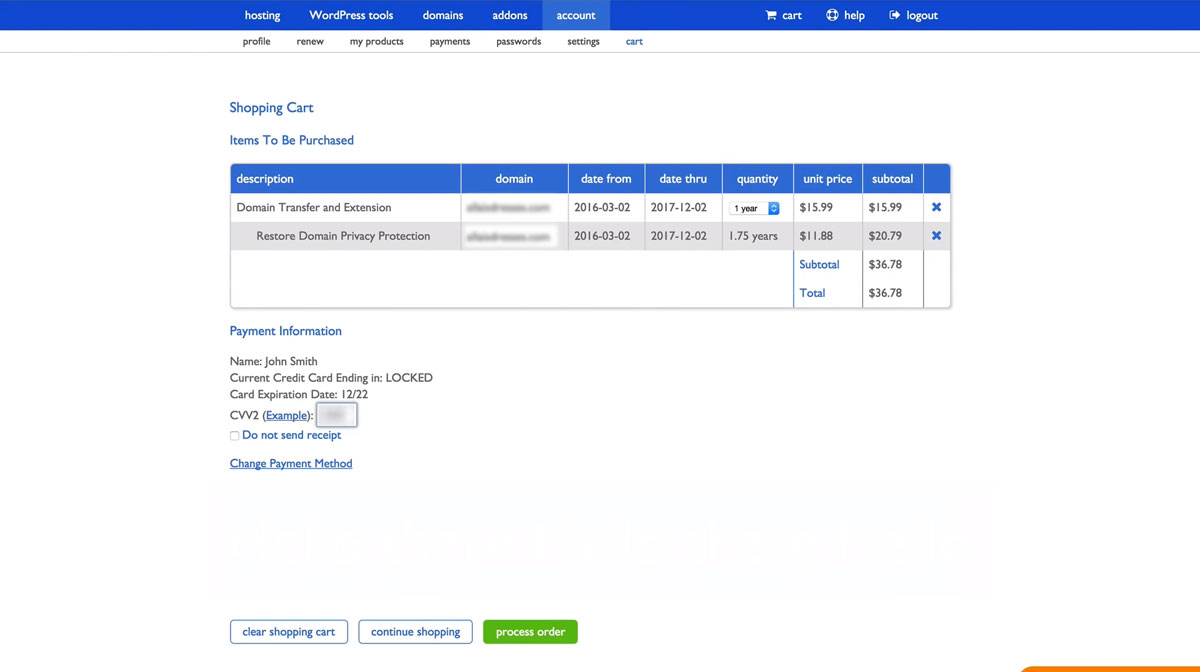 bluehost domain transfer payment