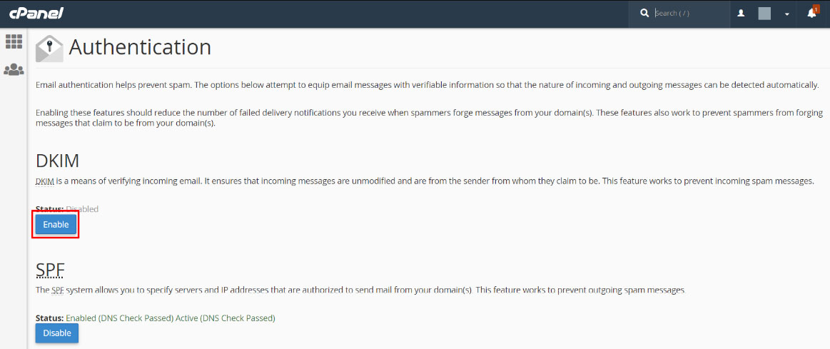 email authentication in cpanel