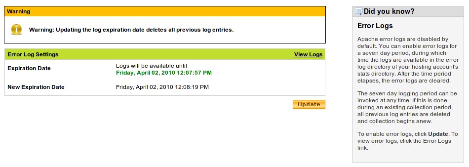 godaddy error logs activation page