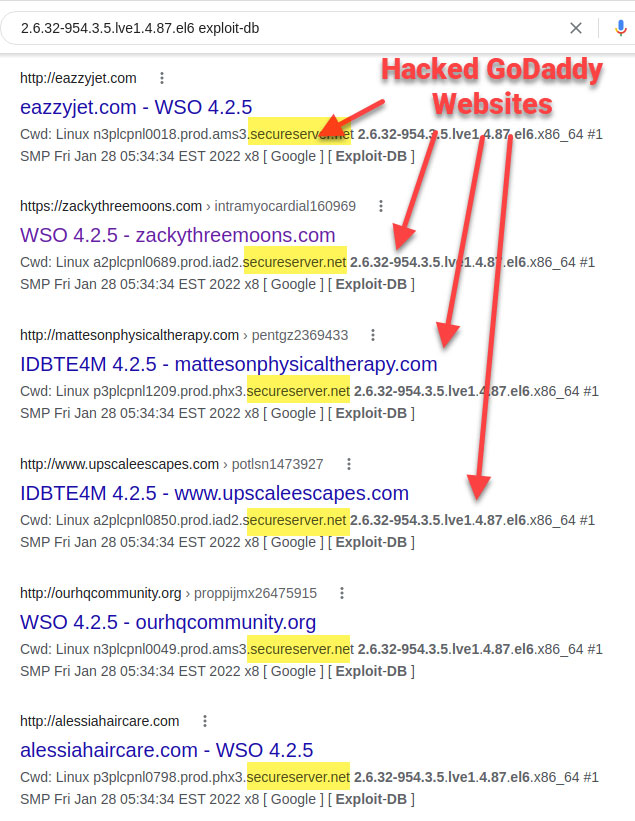 Hacked GoDaddy websites with web shells visible
