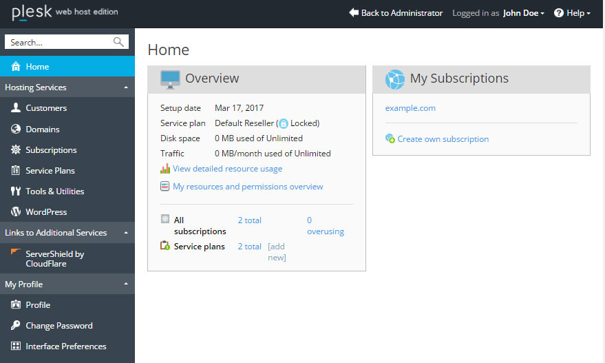 plesk dashboard web host edition