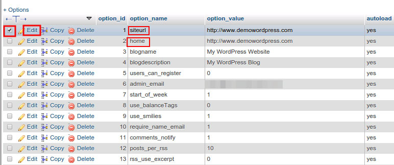 wordpress wp-options siteurl home