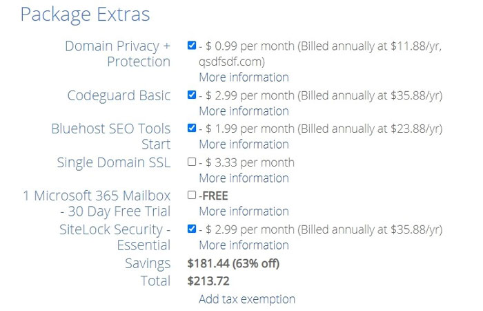 bluehost package extra addons