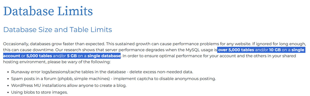 bluehost shared hosting database limits