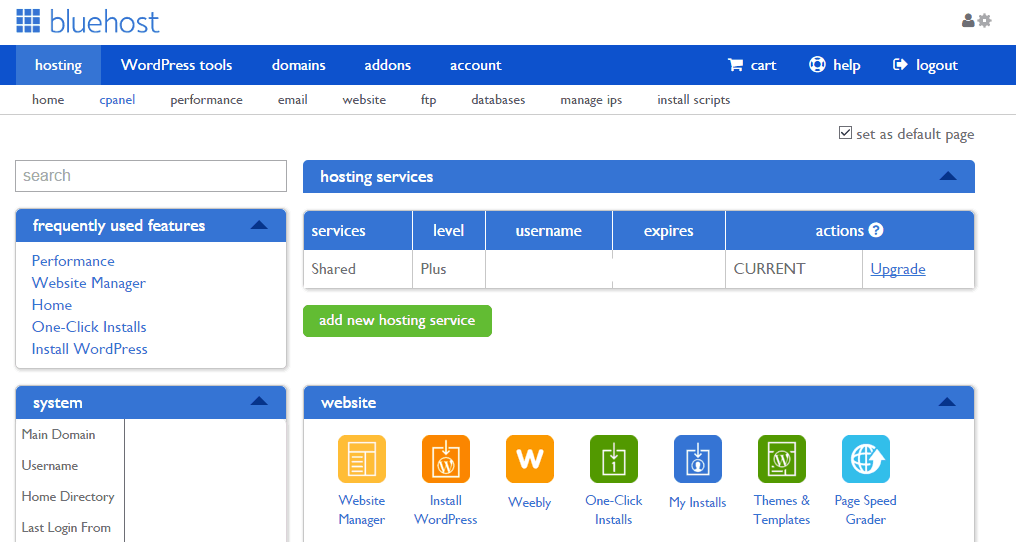 bluehost panel