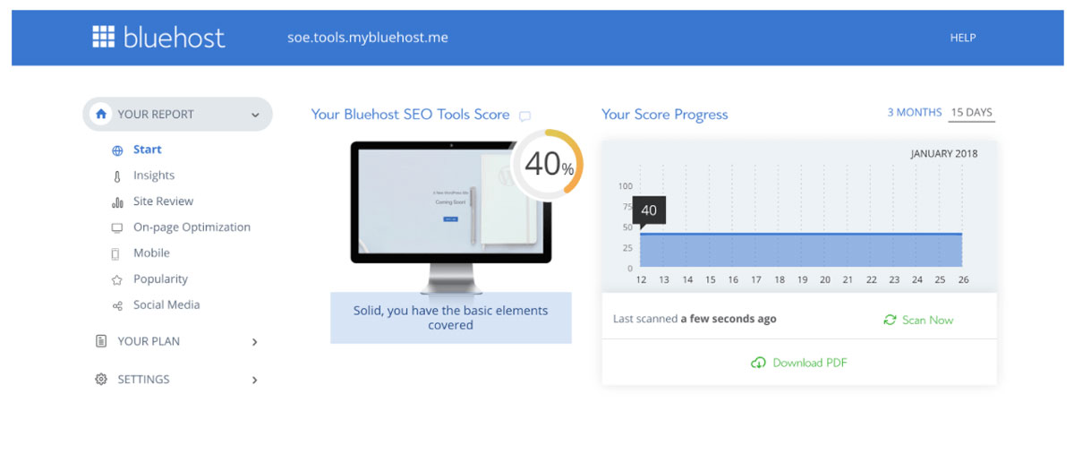 Bluehost SEO tools score dashboard