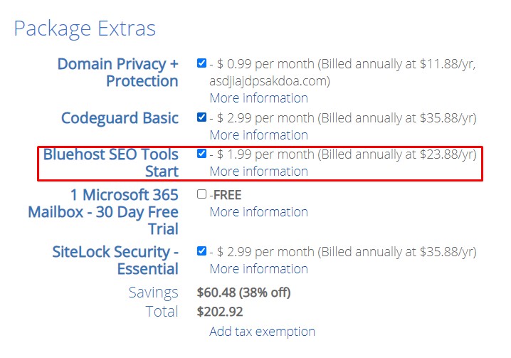 Bluehost SEO Tools Start Package Extras Price