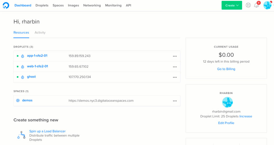 digitalocean control panel interface
