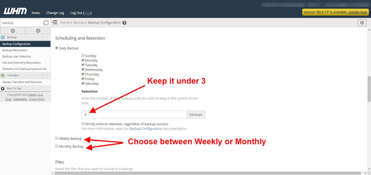 WHM backup configuration VPS