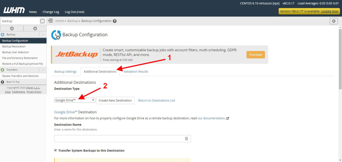 cPanel backup to google drive WHM