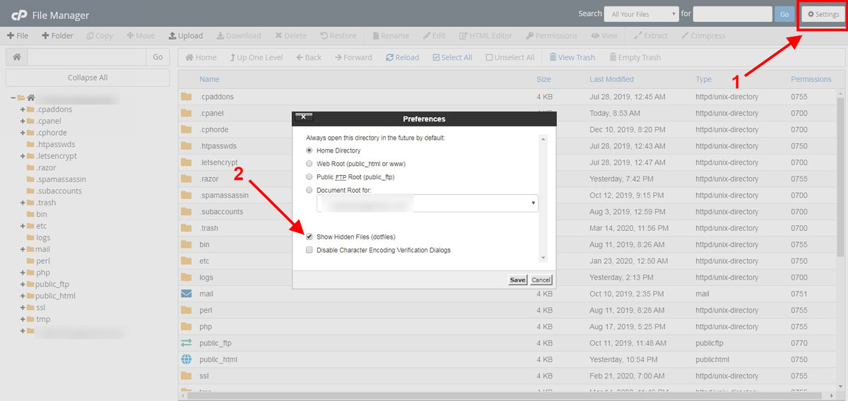 Show hidden files from cPanel file manager settings