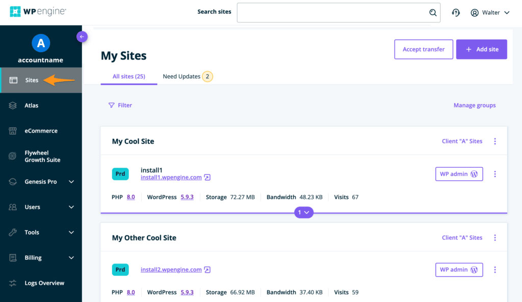 wpengine control panel interface