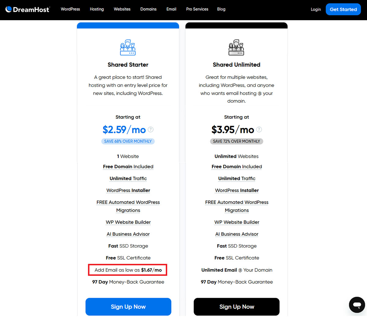 dreamhost shared starter without emails