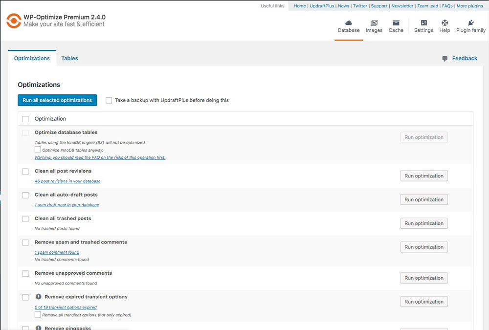 wp-optimize for database optimization